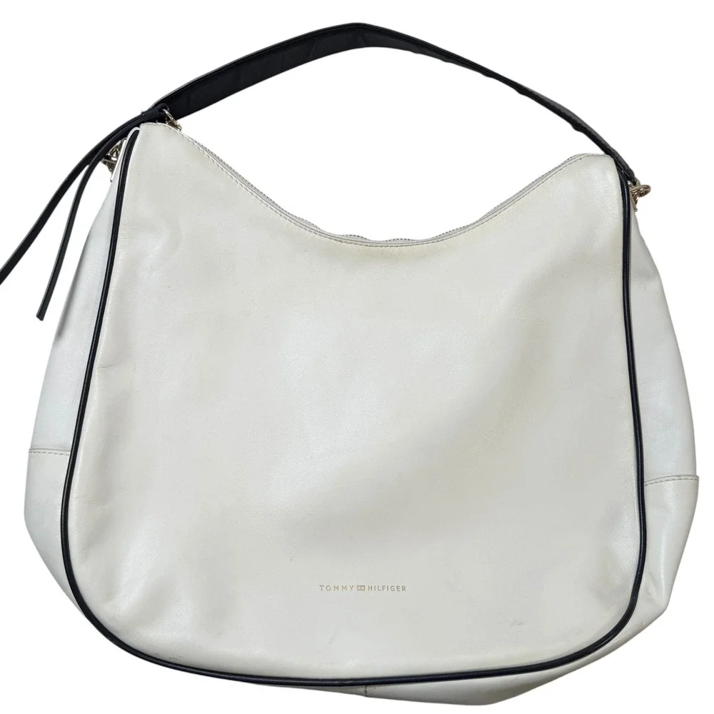 Tommy Hilfiger 100% Leather Cream Hobo Shoulder Bag Scarf‎ Handle White Large